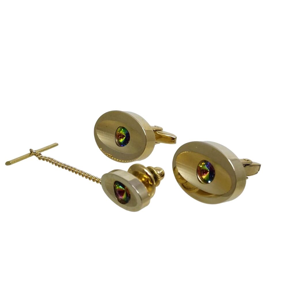 Gold Tone Cufflinks & Tie Pin Watermelon Rivoli Rhinestone Tack Coventry Riviera - Picture 5 of 9